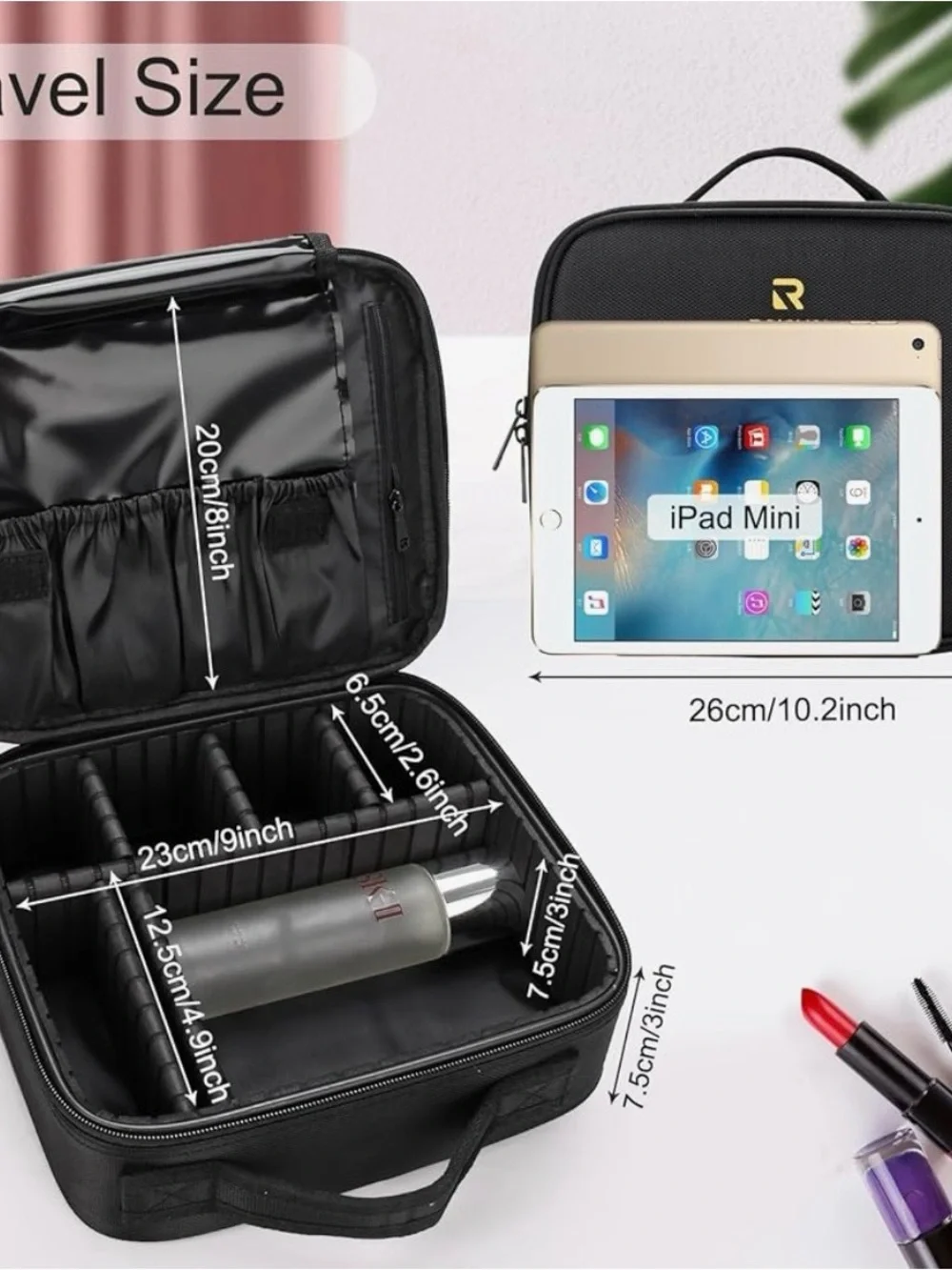Relavel Black Travel Makeup Train Case with Adjustable Dividers